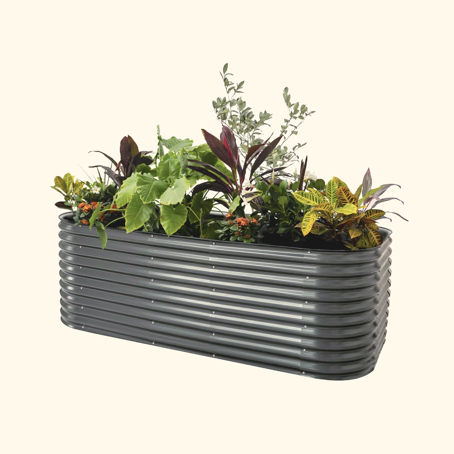 A modern gray extra tall 10 in one Jumbo Modular Metal Raised Garden Bed metal raised garden bed with colorful flowers and plants on a white background.