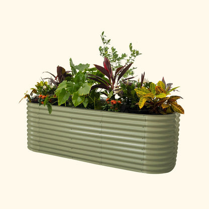 An olive green extra tall 10 in one Jumbo Modular Metal Raised Garden Bed metal raised garden bed with colorful flowers and plants on a white background.