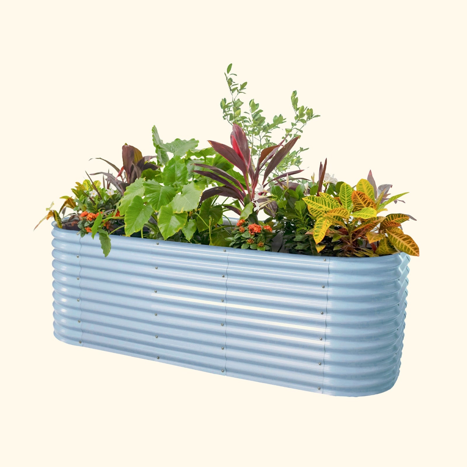 A sky blue extra tall 10 in one Jumbo Modular Metal Raised Garden Bed metal raised garden bed with colorful flowers and plants on a white background.