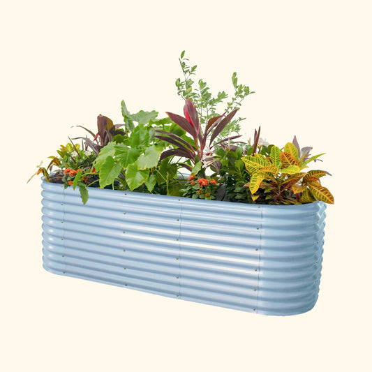 A sky blue extra tall 10 in one Jumbo Modular Metal Raised Garden Bed metal raised garden bed with colorful flowers and plants on a white background.