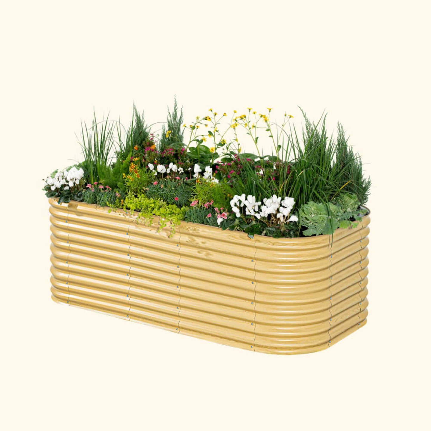 A sunlit oak extra tall 10 in one Jumbo Modular Metal Raised Garden Bed metal raised garden bed with colorful flowers and plants on a white background.