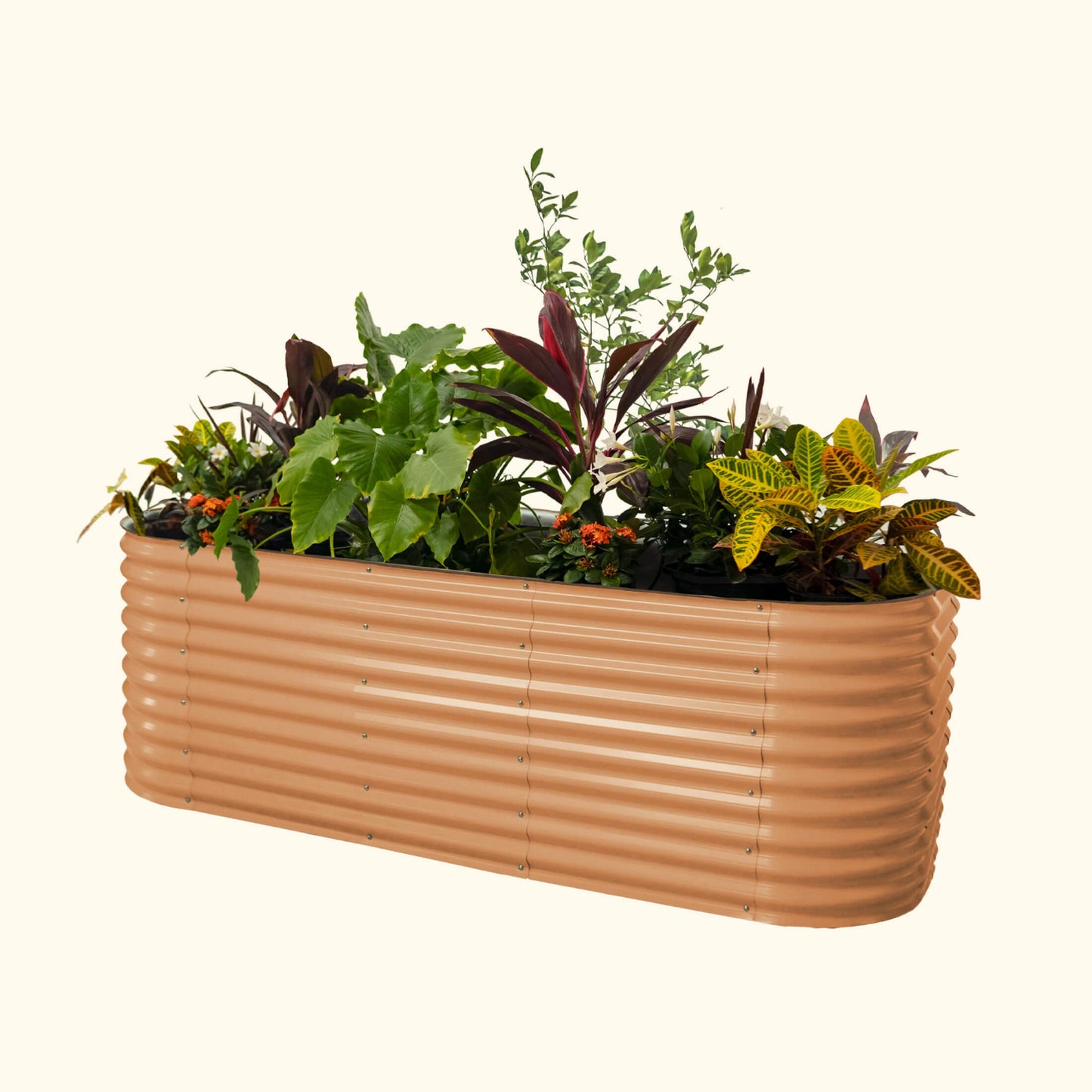 A terra cotta extra tall 10 in one Jumbo Modular Metal Raised Garden Bed metal raised garden bed with colorful flowers and plants on a white background.