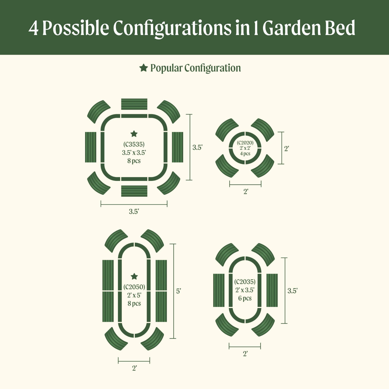 Diagram showing four possible configurations of the 4 in 1 Extra Tall Modular Metal Raised garden beds with dimensions and quantities of each item.