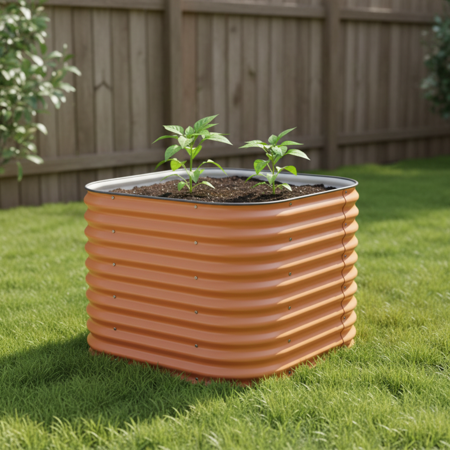 Terra cotta raised garden bed with  young pepper plants in a backyard