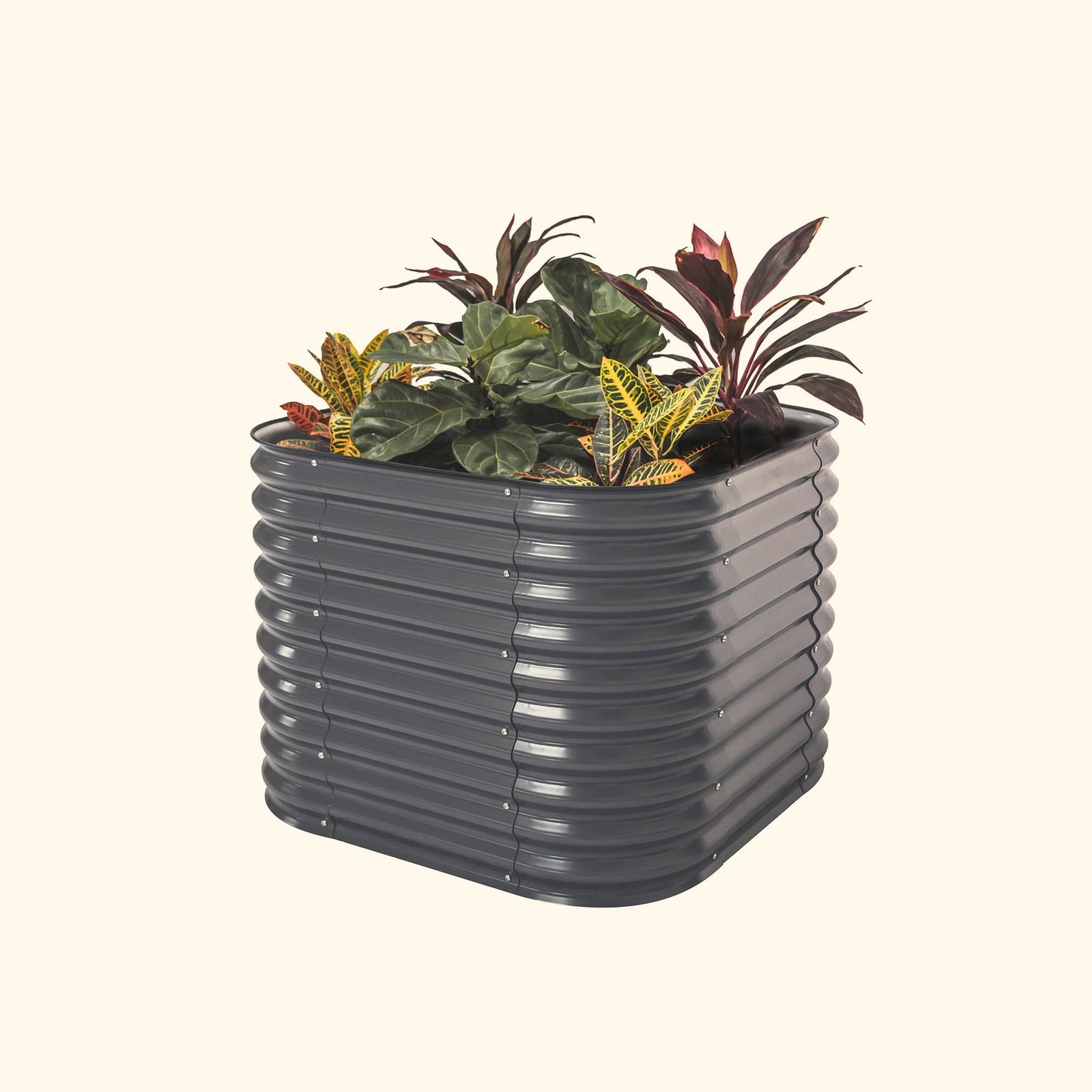 A modern gray 32 inch extra tall 4 in 1 small modular metal Garden Bed with colorful flowers and plants on a white background.