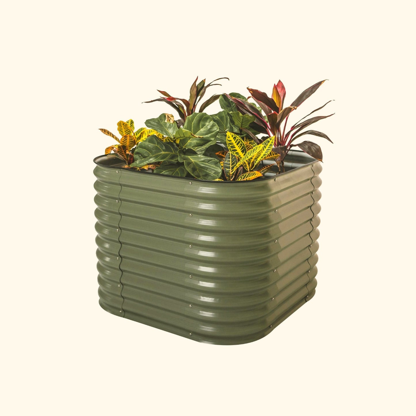 An olive green 32 inch extra tall 4 in 1 small modular metal Garden Bed with colorful flowers and plants on a white background.