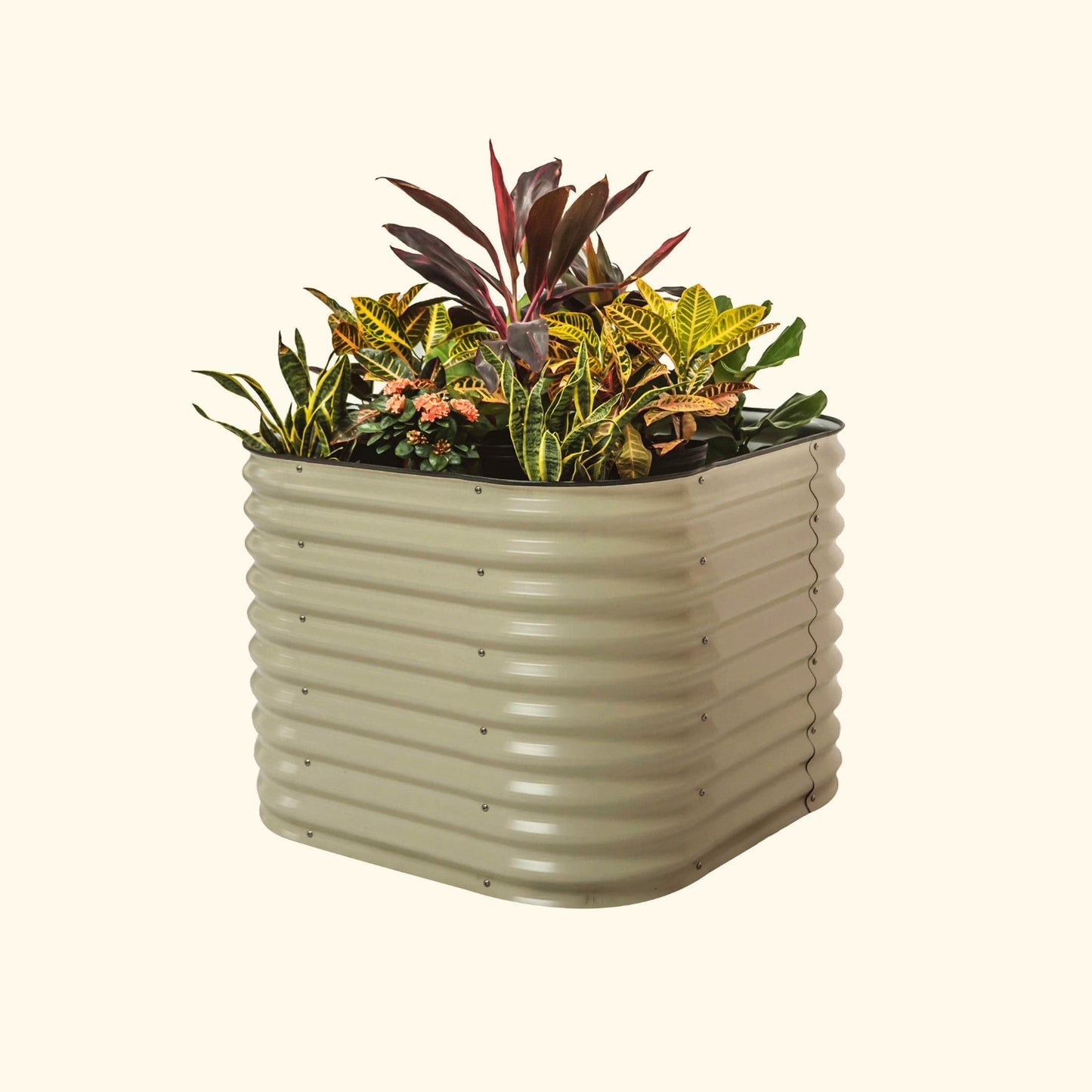 An pearl white 32 inch extra tall 4 in 1 small modular metal Garden Bed with colorful flowers and plants on a white background.