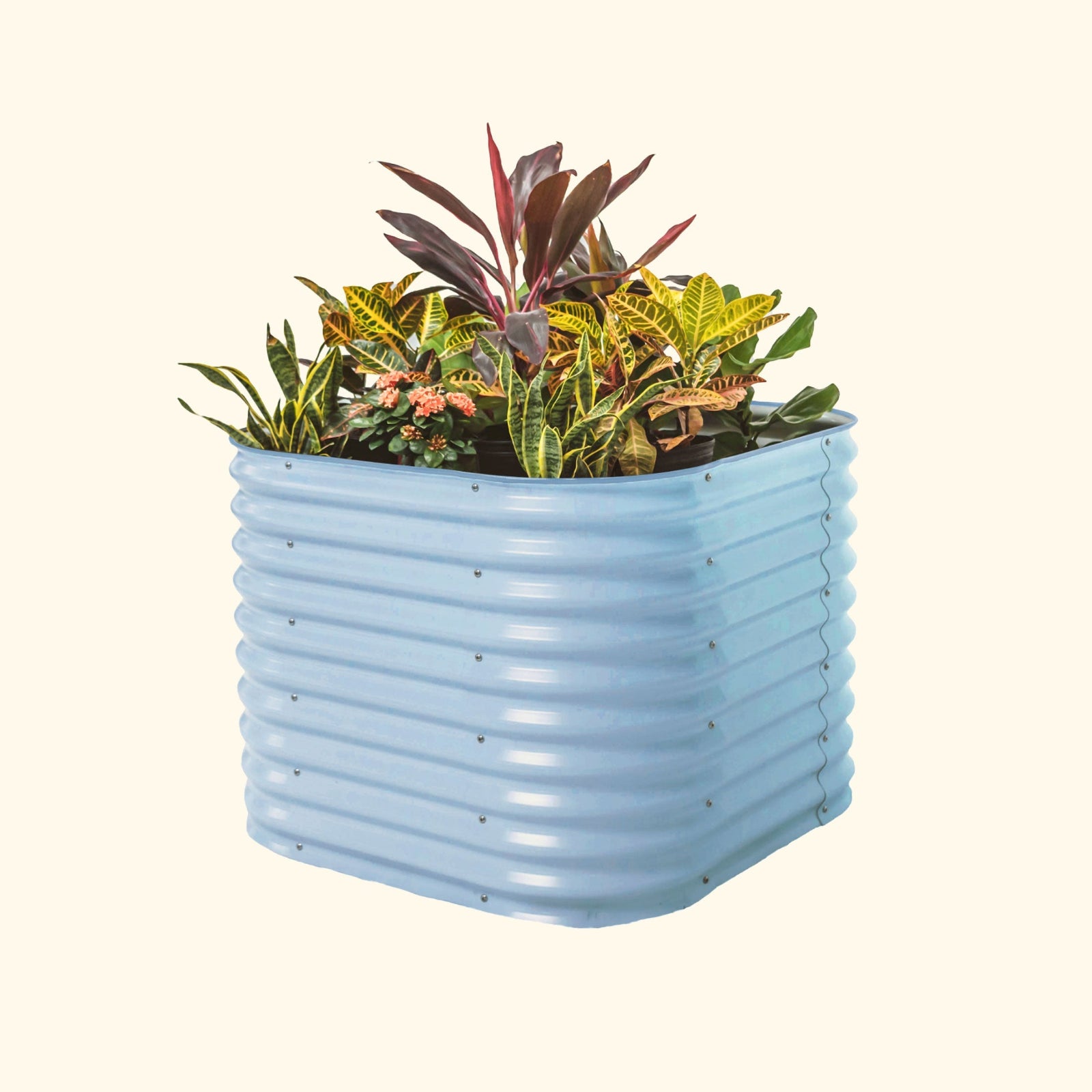 A sky blue 32 inch extra tall 4 in 1 small modular metal Garden Bed with colorful flowers and plants on a white background.