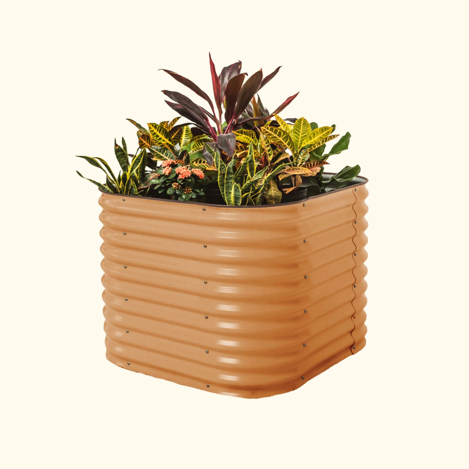 A terra cotta 32 inch extra tall 4 in 1 small modular metal Garden Bed with colorful flowers and plants on a white background.