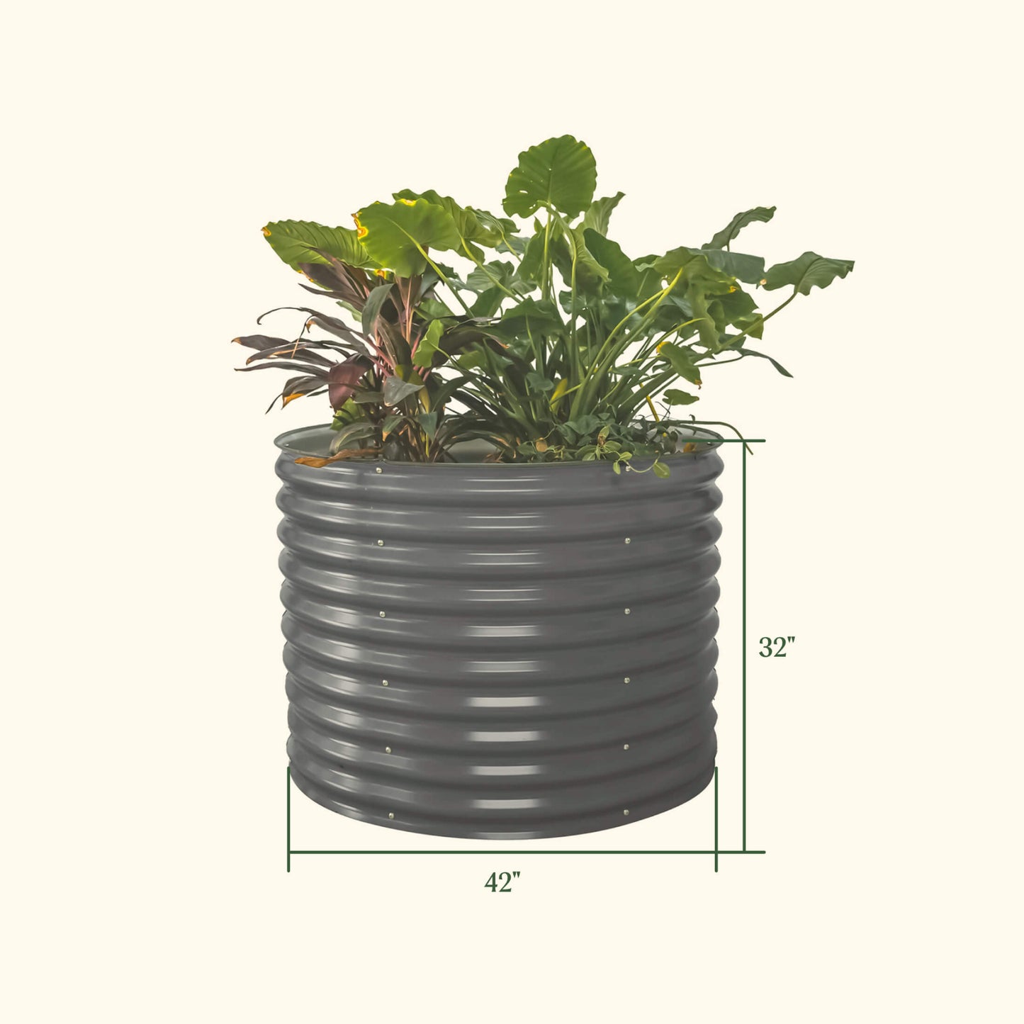 32″ Extra Tall 42″ Wide Round Metal Raised Garden Bed Kit with dimensions shown of 42 inches wide by 32 inches tall.