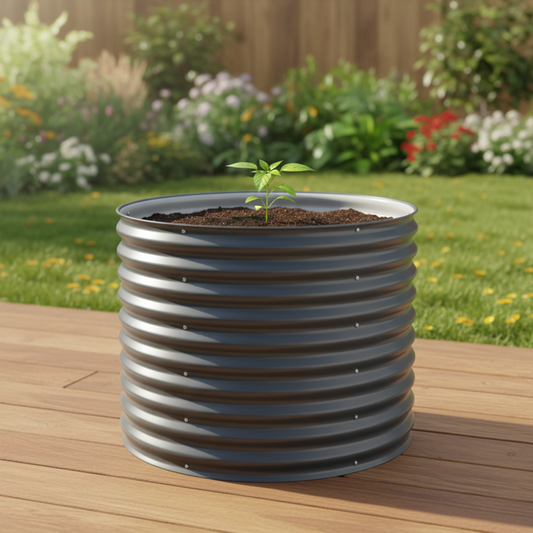 Image of extra tall modern gray round raised garden bed with one pepper plant growing.
