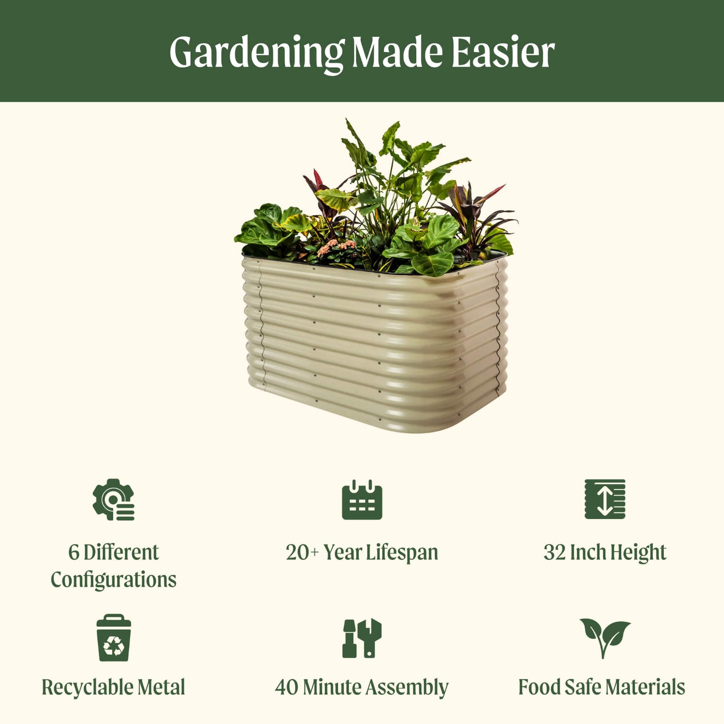 6 in 1 Medium Modular Metal Raised Garden bed with text highlighting features including: 6 different configurations, 20 plus year life span, 32 inch height, recyclable metal, 40 minute assembly, and   food safe materials.