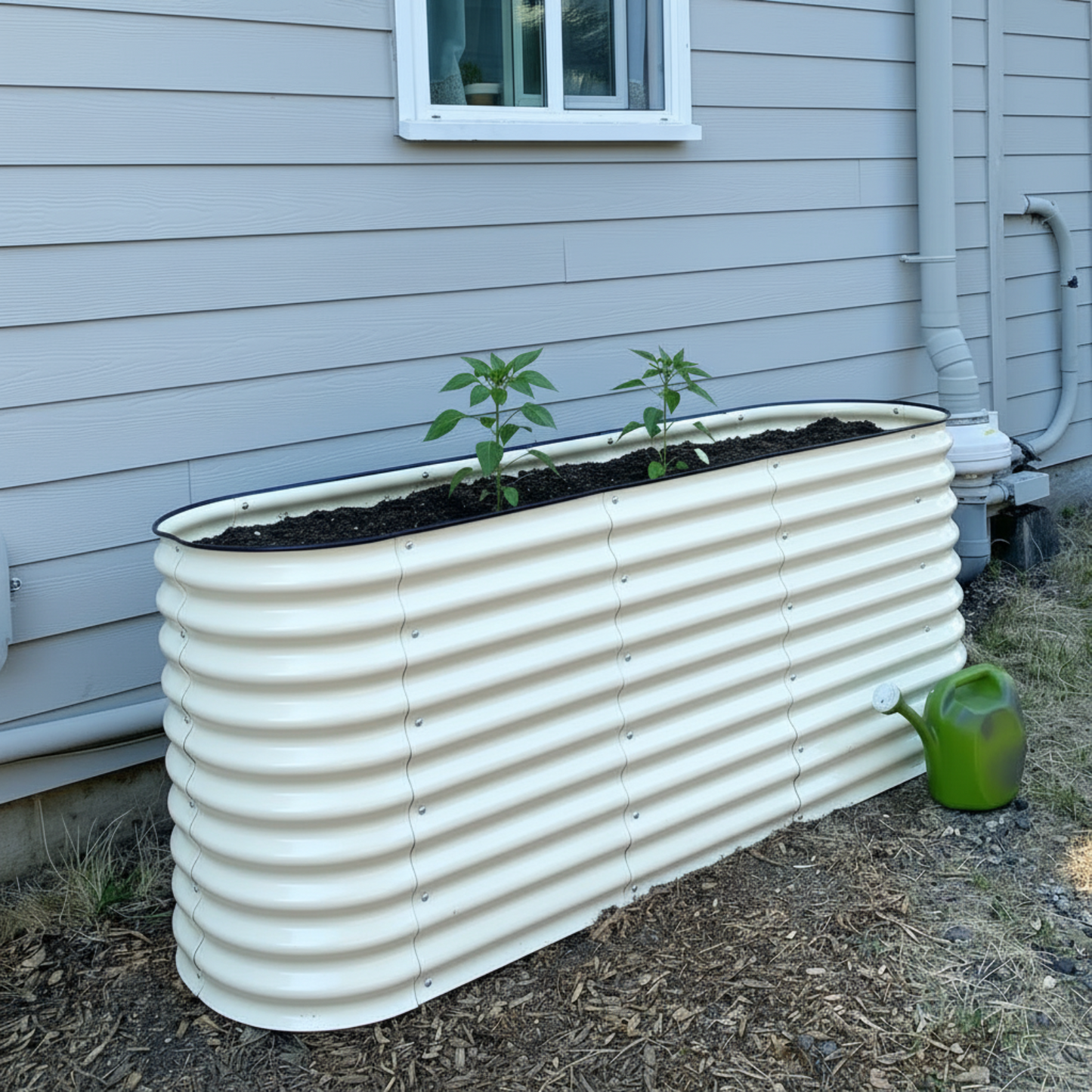 Image of pearl white 32 inch extra tall raised garden bed with young pepper plants against house