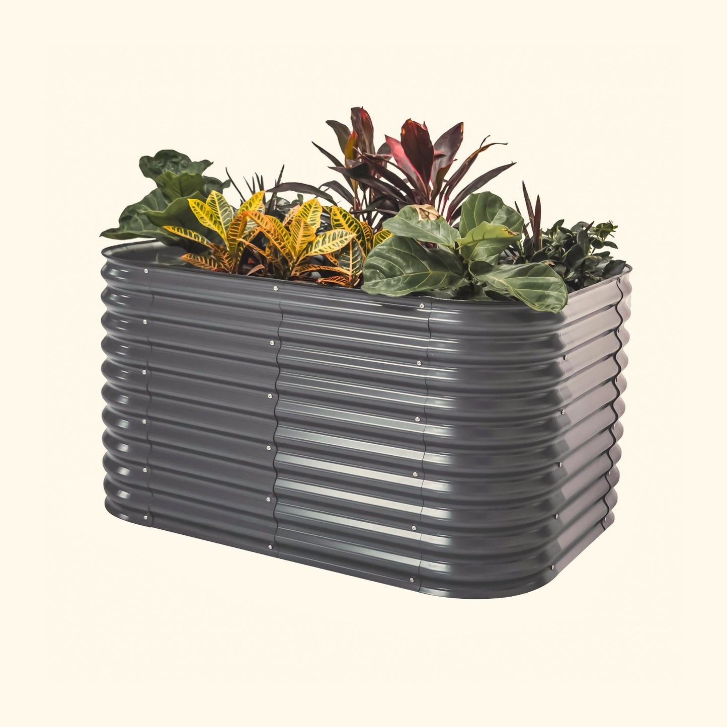 A modern gray 32 inch extra tall 6 in 1 medium modular metal Garden Bed with colorful flowers and plants on a white background.