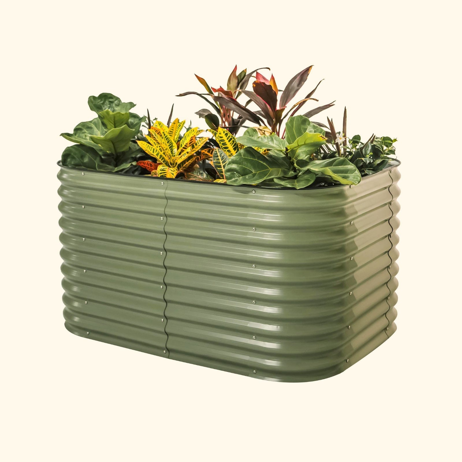 A olive green 32 inch extra tall 6 in 1 medium modular metal Garden Bed with colorful flowers and plants on a white background.