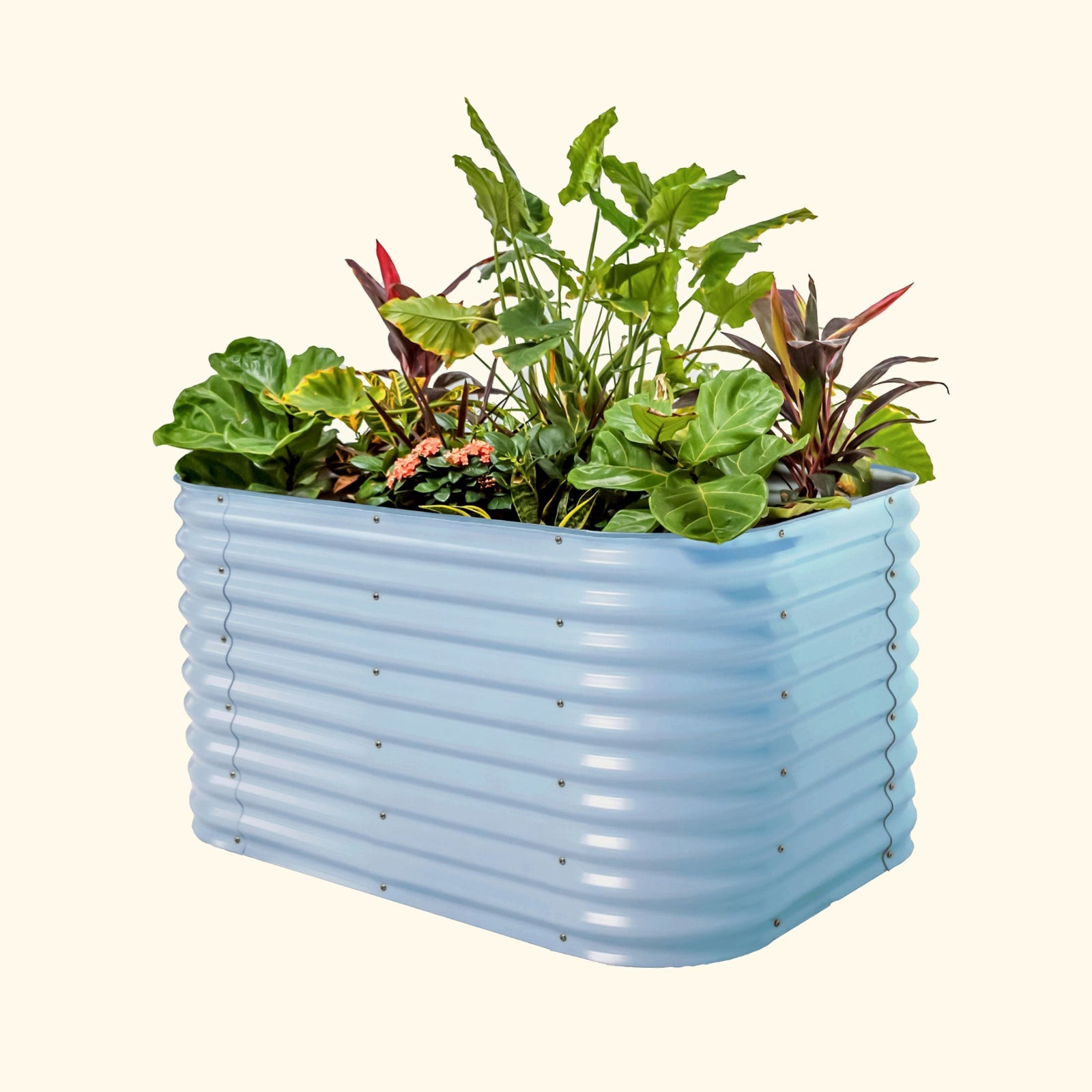 A sky blue 32 inch extra tall 6 in 1 medium modular metal Garden Bed with colorful flowers and plants on a white background.