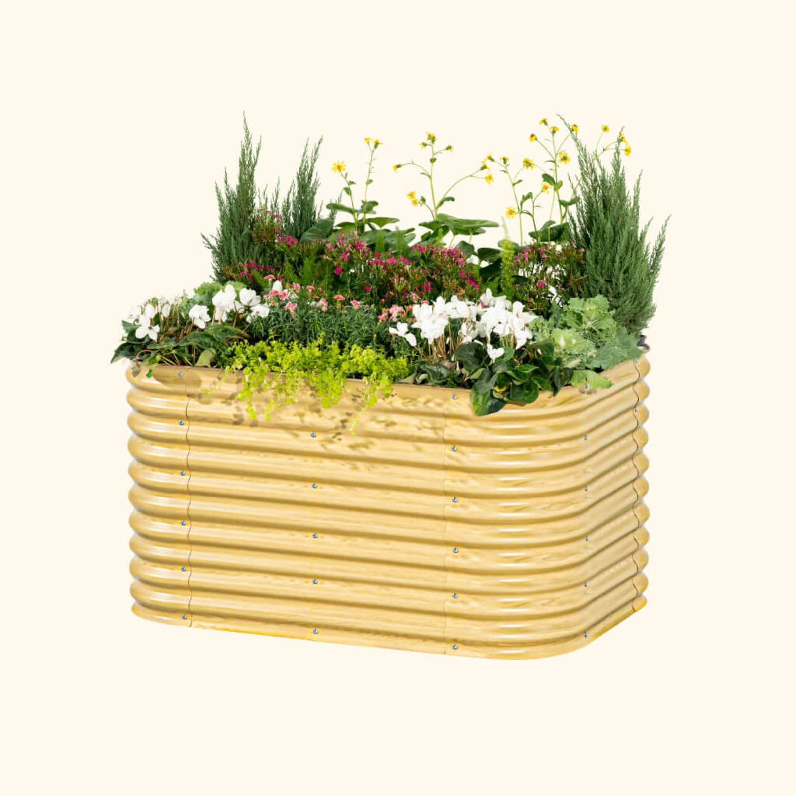 A sunlit oak 32 inch extra tall 6 in 1 medium modular metal Garden Bed with colorful flowers and plants on a white background.