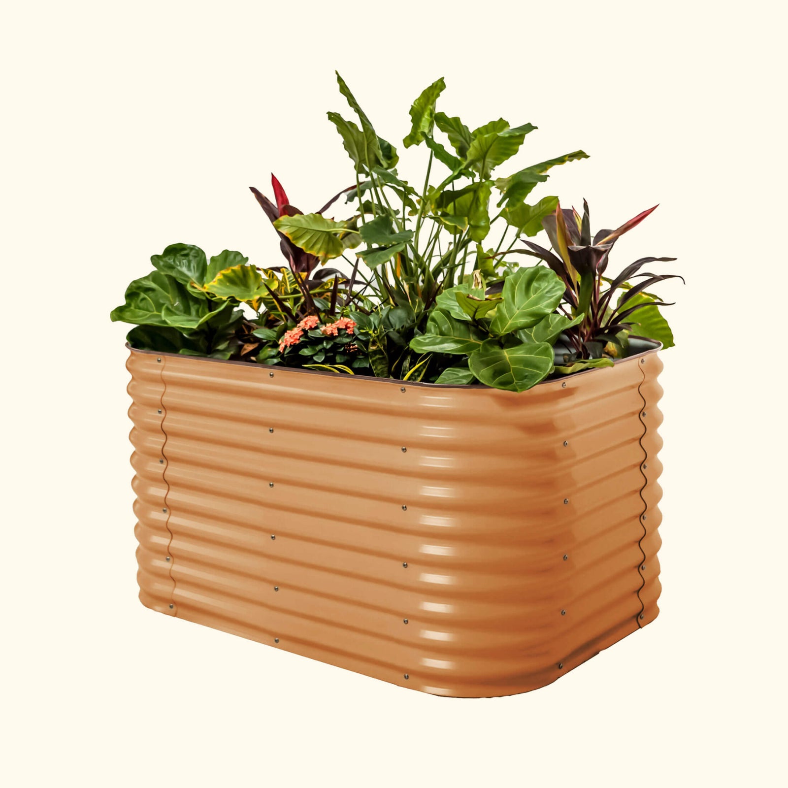 A terra cotta 32 inch extra tall 6 in 1 medium modular metal Garden Bed with colorful flowers and plants on a white background.