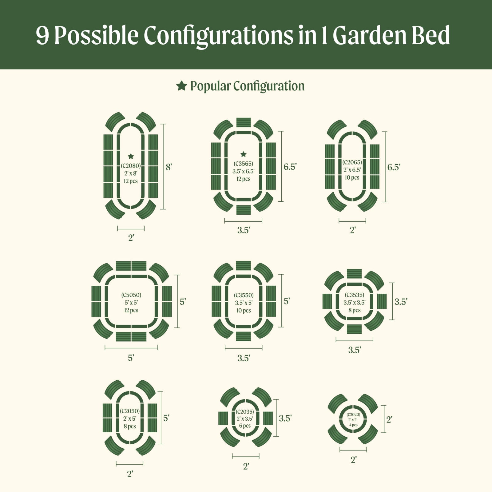 Diagram showing six possible configurations of the 9  in 1 Modular Metal Raised garden beds with dimensions and quantities of each item.