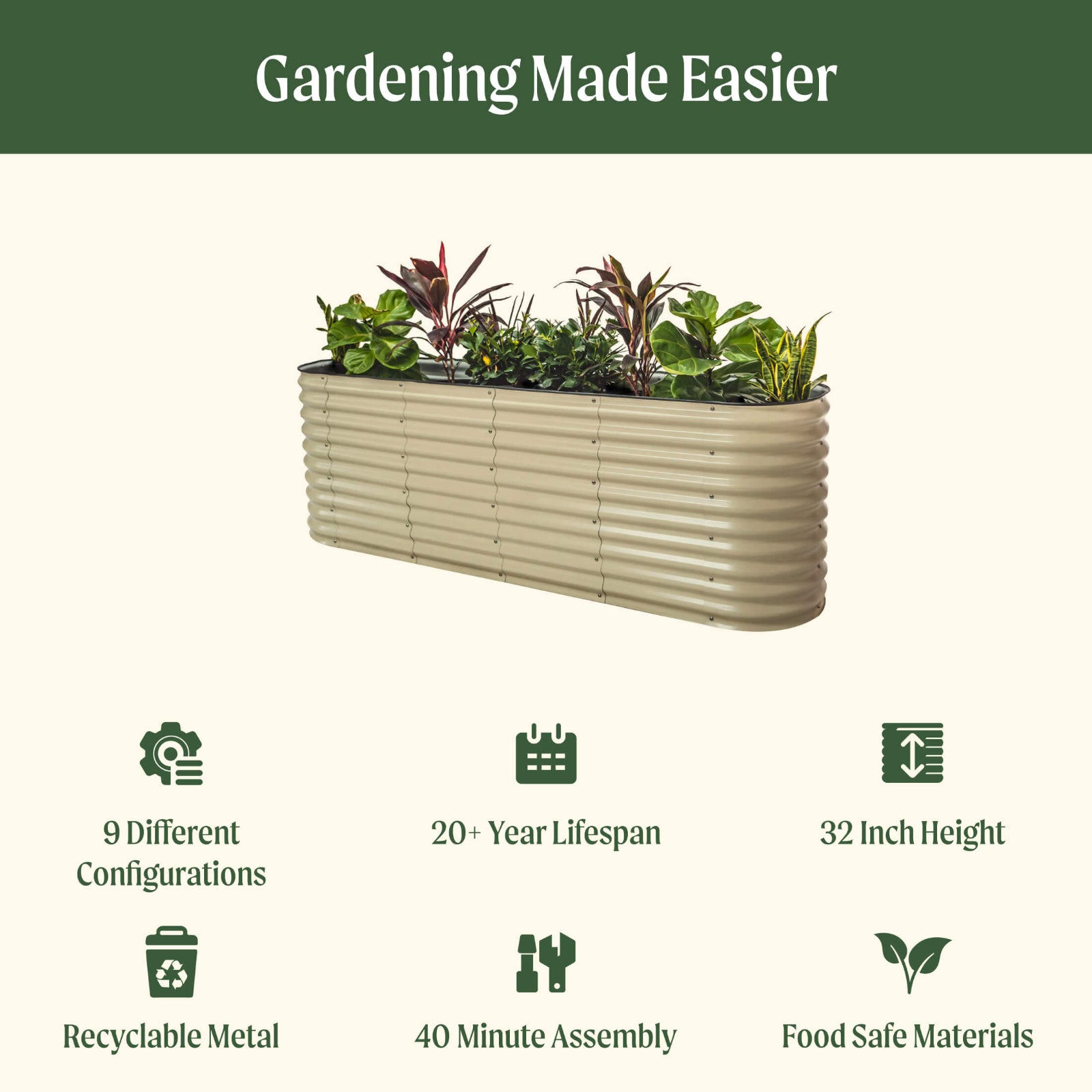 9 in 1 Medium Modular Metal Raised Garden bed with text highlighting features including: 9 different configurations, 20 plus year life span, 32 inch height, recyclable metal, 40 minute assembly, and   food safe materials.