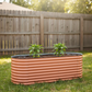 Terra cotta raised garden bed with two young pepper plants in fenced backyard