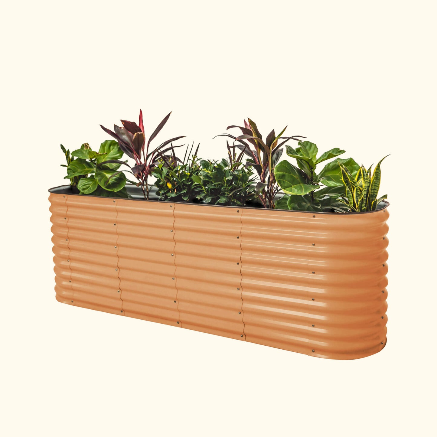 A terra cotta extra tall 9 in one Modular Metal Raised Garden Bed metal raised garden bed with colorful flowers and plants on a white background.