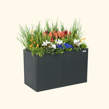A midnight blue 32 inch extra tall  modern metal Garden Bed with colorful flowers and plants on a white background.