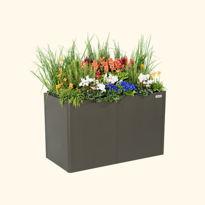 An urban charcoal 32 inch extra tall  modern metal Garden Bed with colorful flowers and plants on a white background.