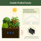 Gardening bed with plants and temperature graph showing benefits of double walled panels including the double wall design keeping the soil warm in the winter and cool in the summer. 