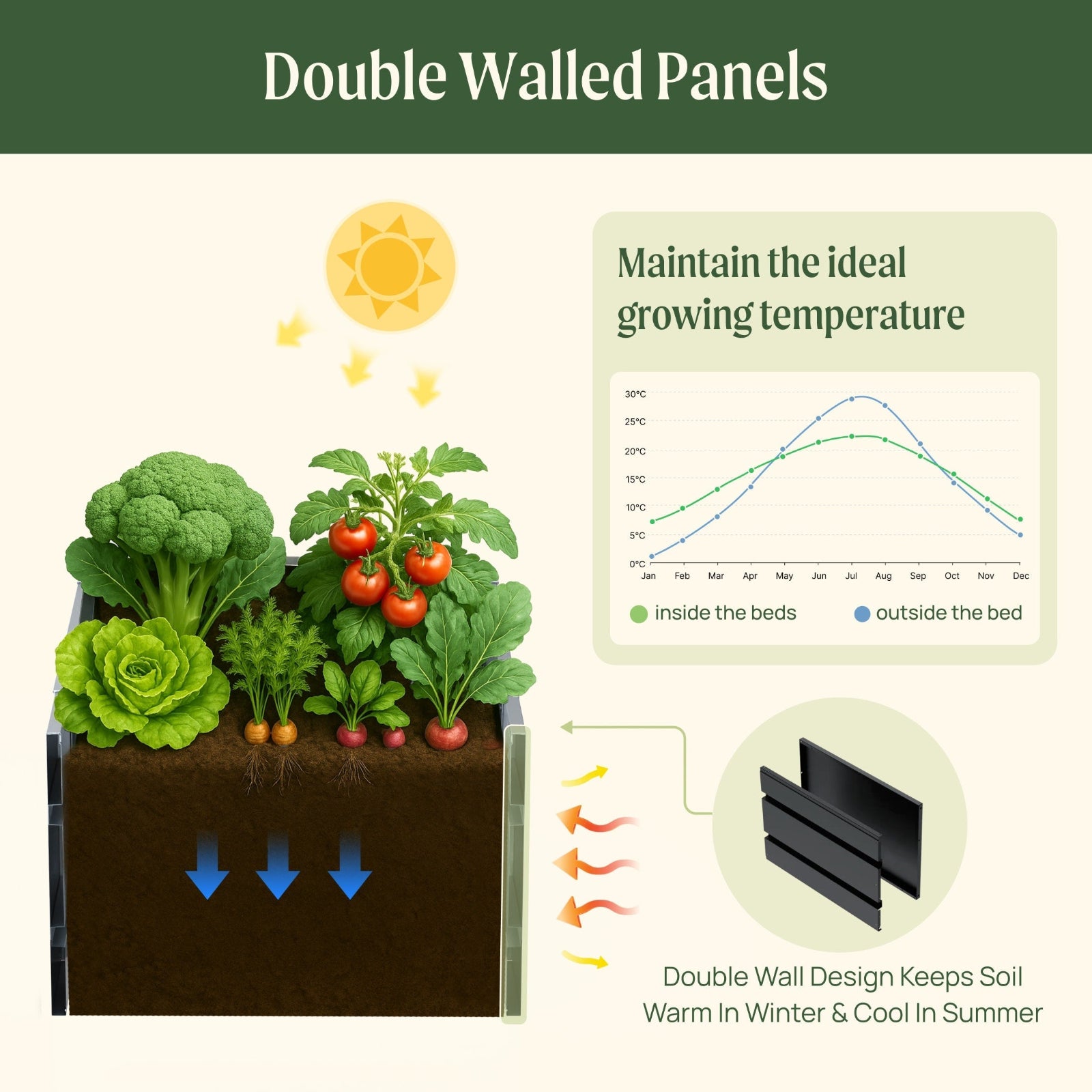 Gardening bed with plants and temperature graph showing benefits of double walled panels including the double wall design keeping the soil warm in the winter and cool in the summer. 