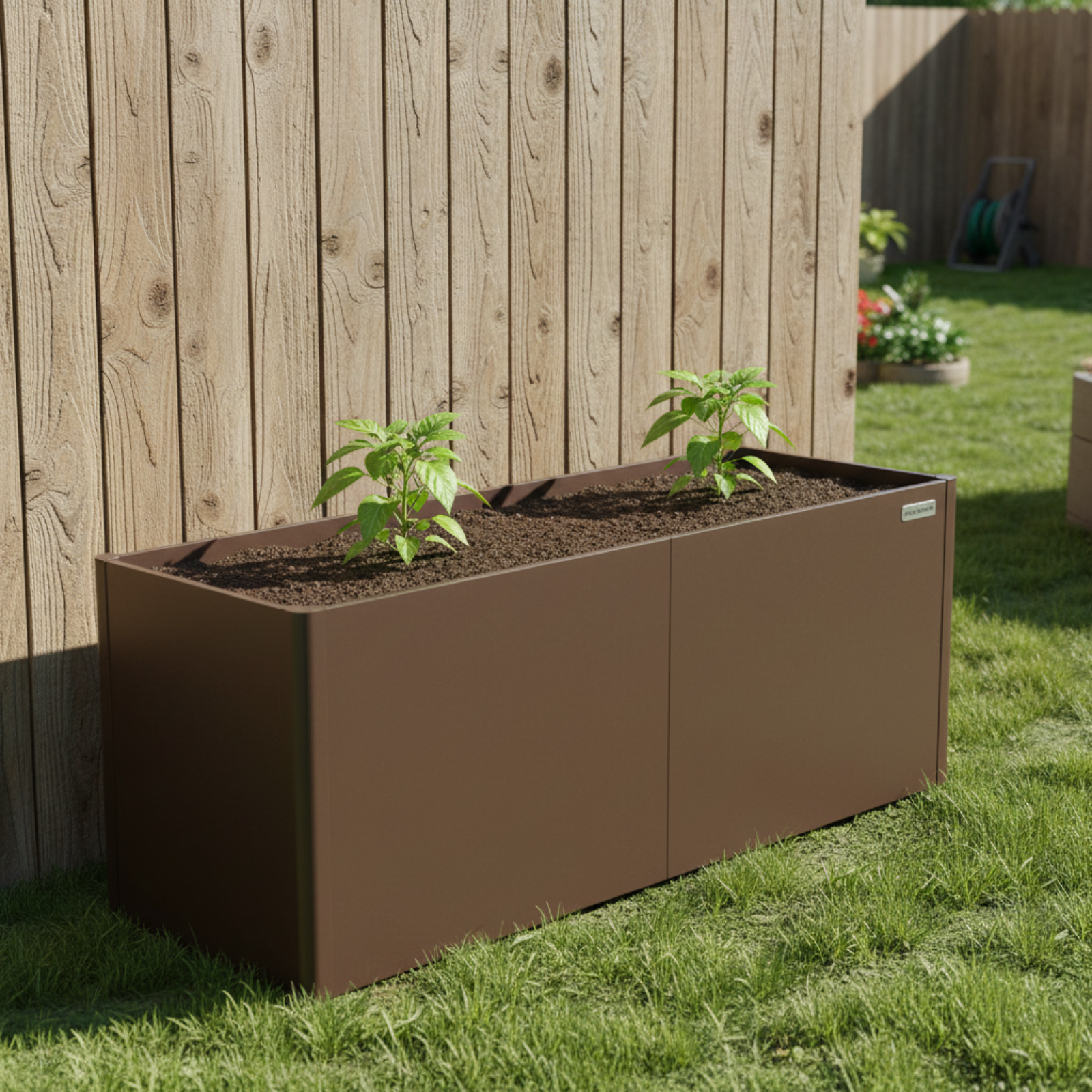 Image of umber brown raised garden bed with young pepper plants against a backyard fence