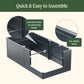 Metal raised garden bed product assembly diagram with text indicating quick and easy assembly, innovative poles, and pre-drilled holes.