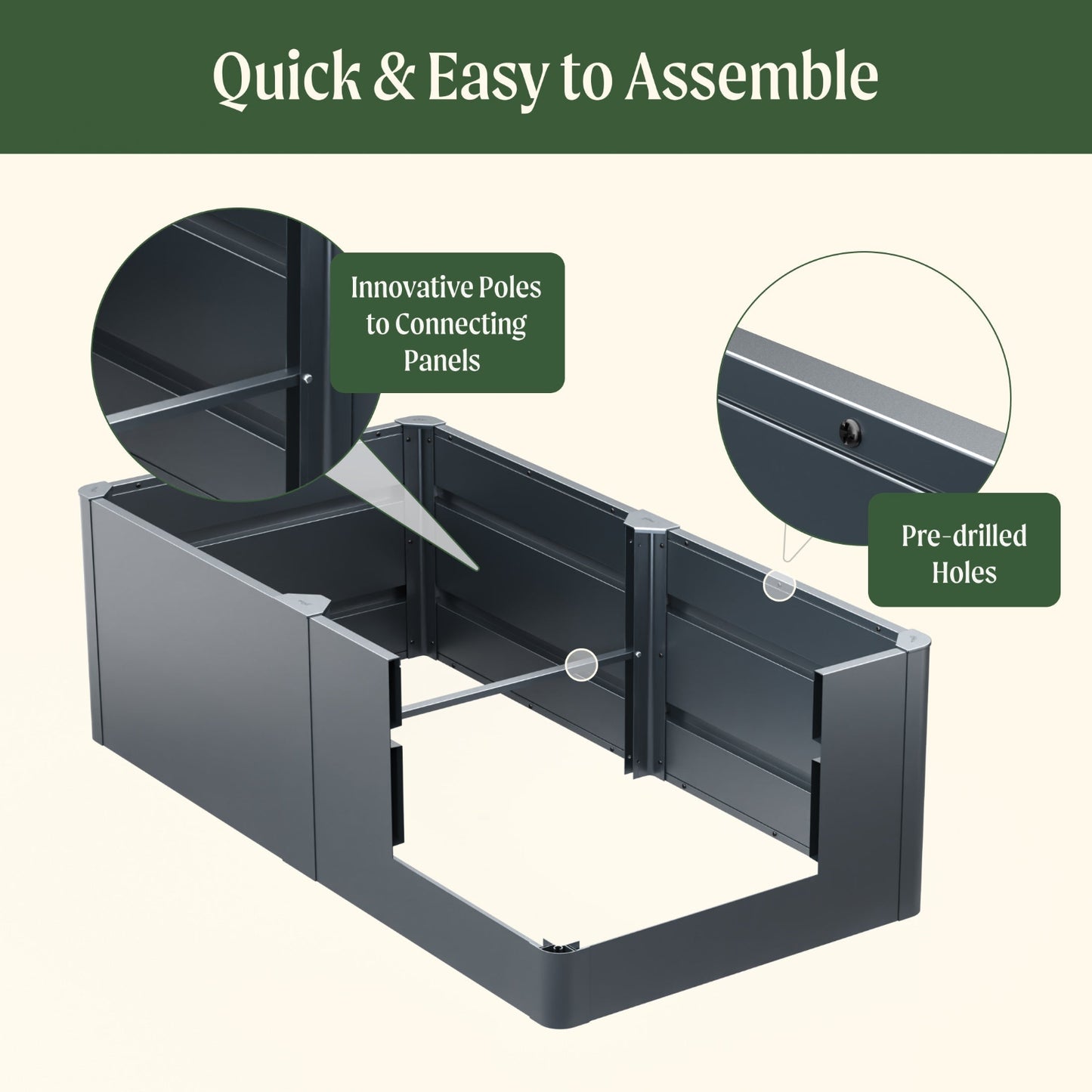 Metal raised garden bed product assembly diagram with text indicating quick and easy assembly, innovative poles, and pre-drilled holes.