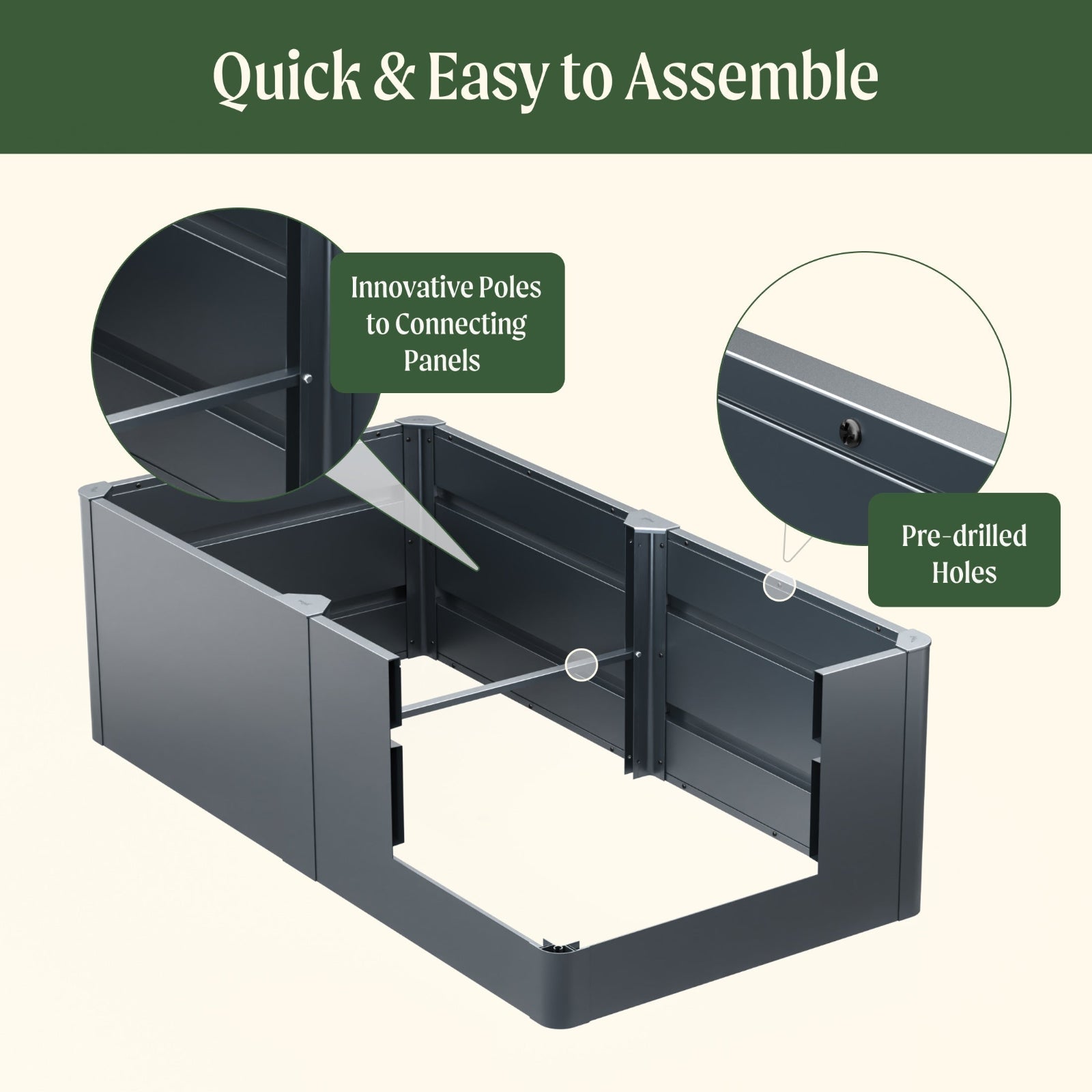 Metal raised garden bed product assembly diagram with text indicating quick and easy assembly, innovative poles, and pre-drilled holes.
