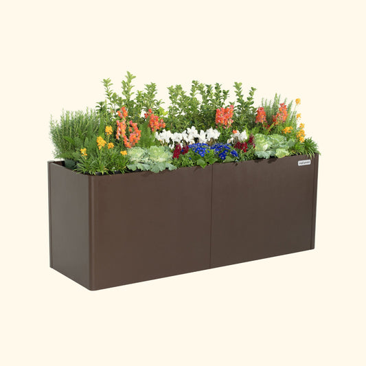 An umber brown 32 inch extra tall  modern metal Garden Bed with colorful flowers and plants on a white background.