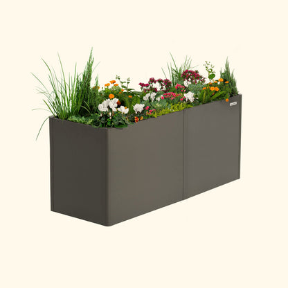 An urban charcoal 32 inch extra tall modern metal Garden Bed with colorful flowers and plants on a white background.