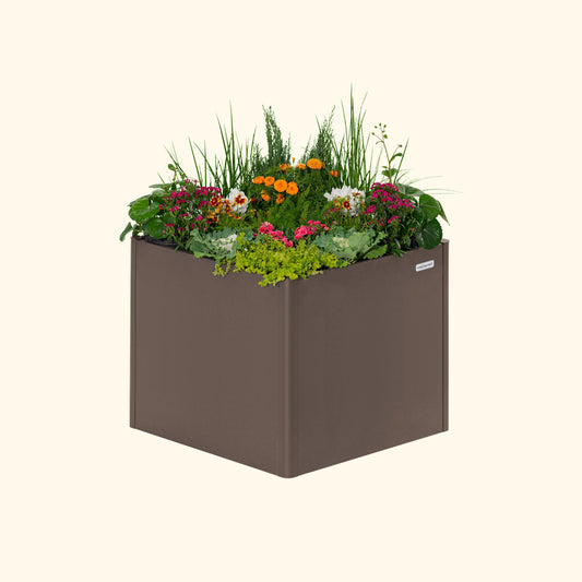 An umber brown 32 inch extra tall  42 inch by 42 inch modern metal Garden Bed with colorful flowers and plants on a white background.