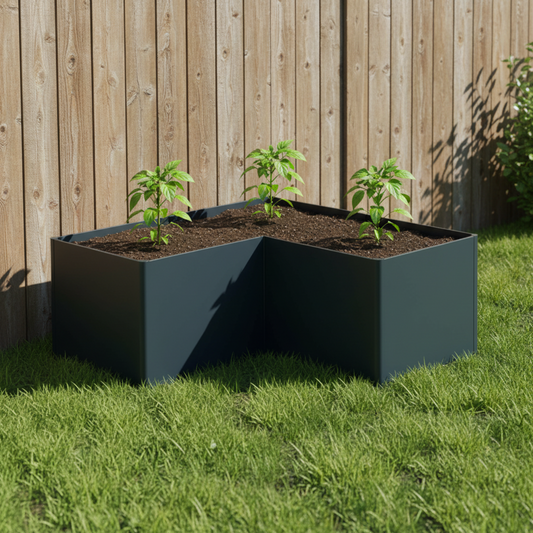 Image of midnight blue L-shaped raised garden bed with young pepper plants against fence in a backyard. 