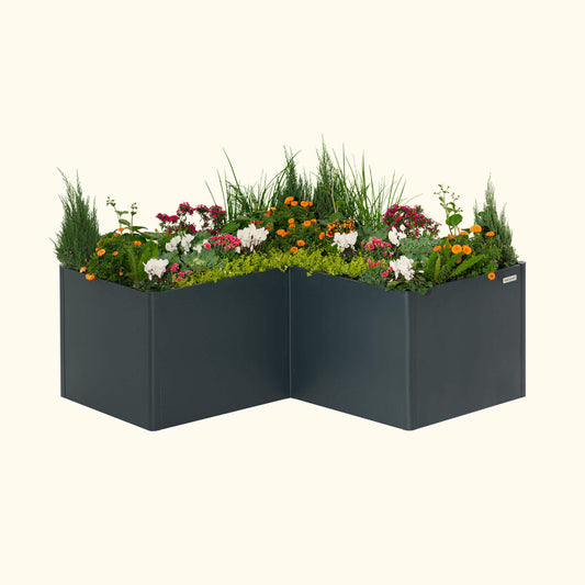 A midnight blue 32 inch extra tall  L-shaped modern metal Garden Bed with colorful flowers and plants on a white background.