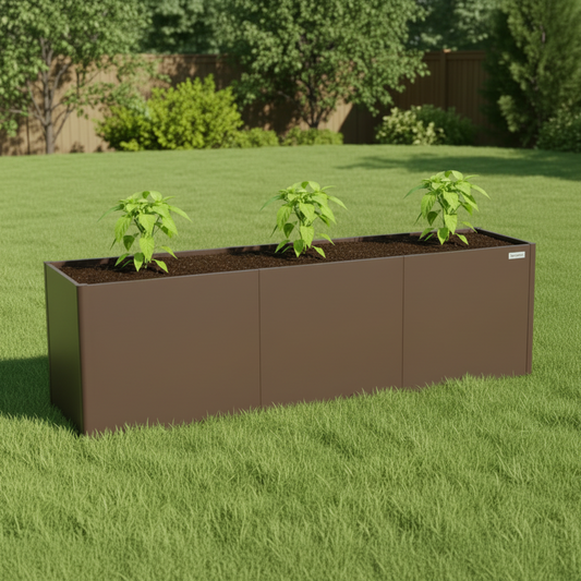 32″ Extra Tall Modern Garden Bed Extension Kit  installed on a modern garden bed with three pepper plants growing in a backyard. 