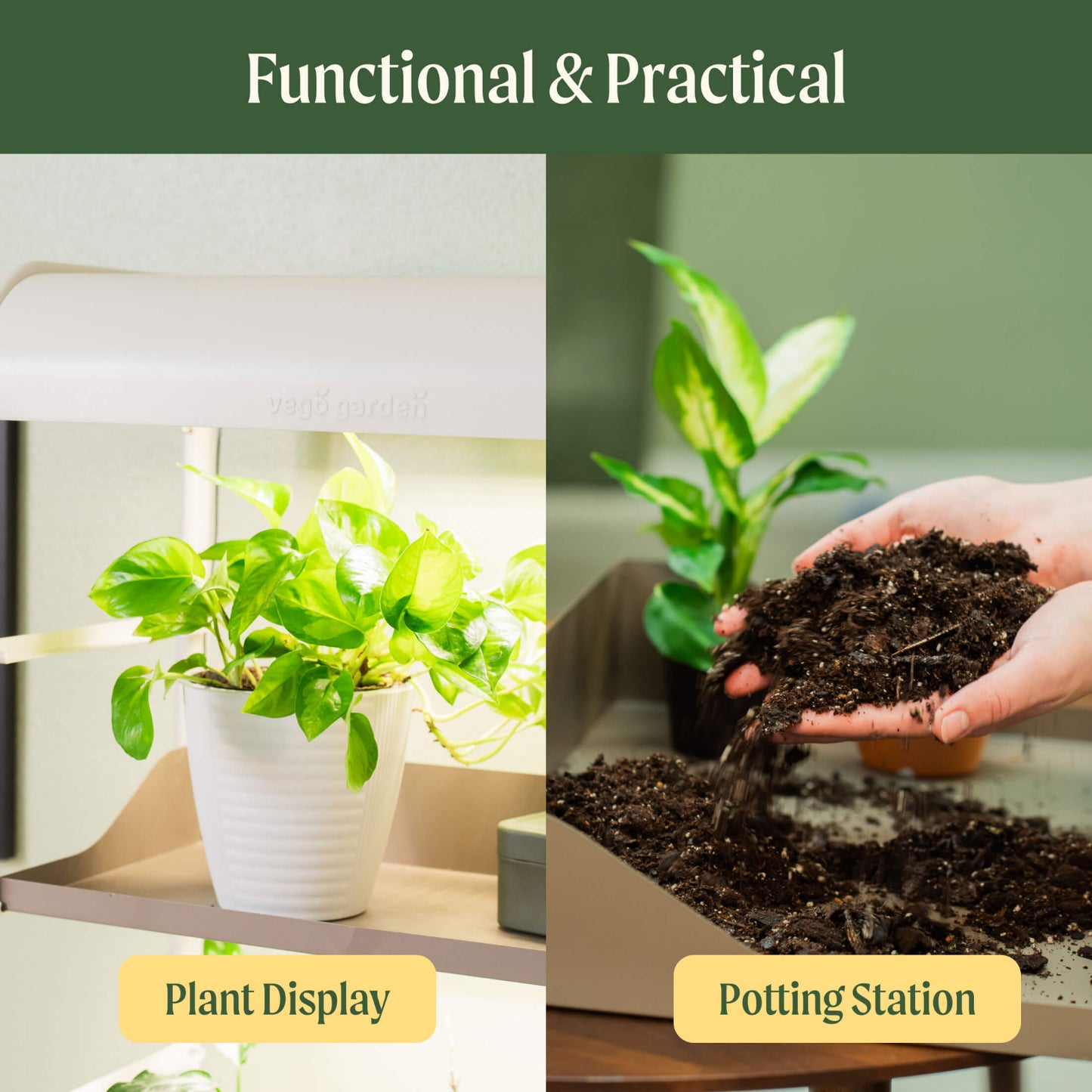Two images showing a plant display and a potting station with text 'Functional & Practical' and identifying the 4 Tier Grow Light Garden Pro stand features including it serves as a great plant display and potting station.