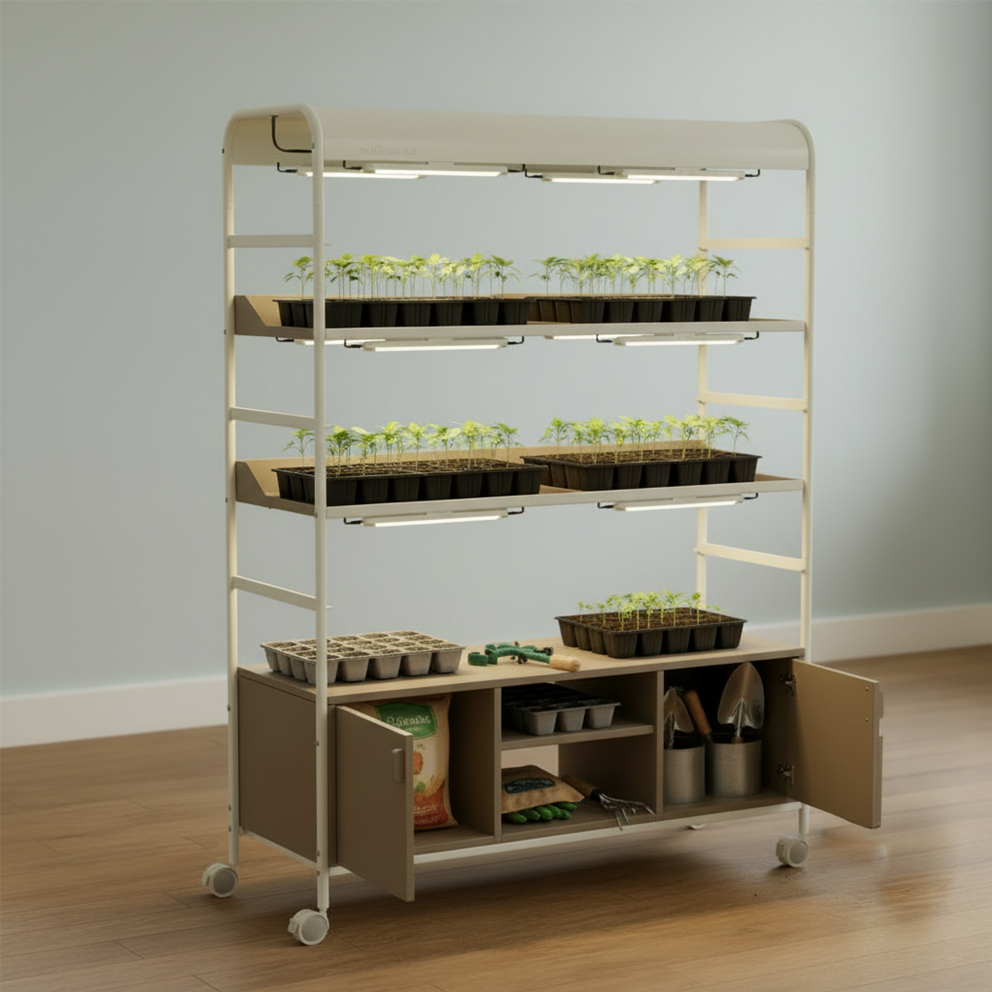 4 Tier Grow Light Garden Pro with trays of pepper seedlings on each tier inside a home setting.