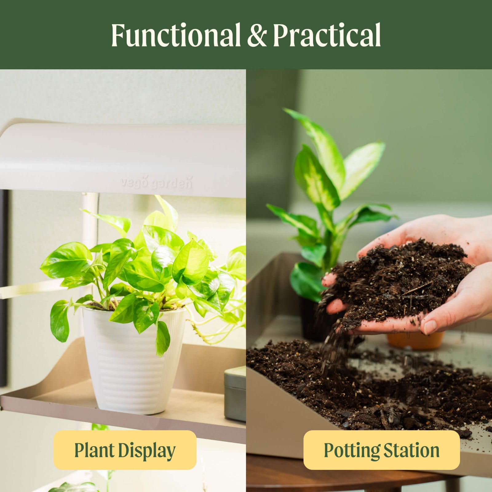 Two images showing a plant display and a potting station with text 'Functional & Practical' and identifying the 4 Tier Grow Light Garden stand features including it serves as a great plant display and potting station.