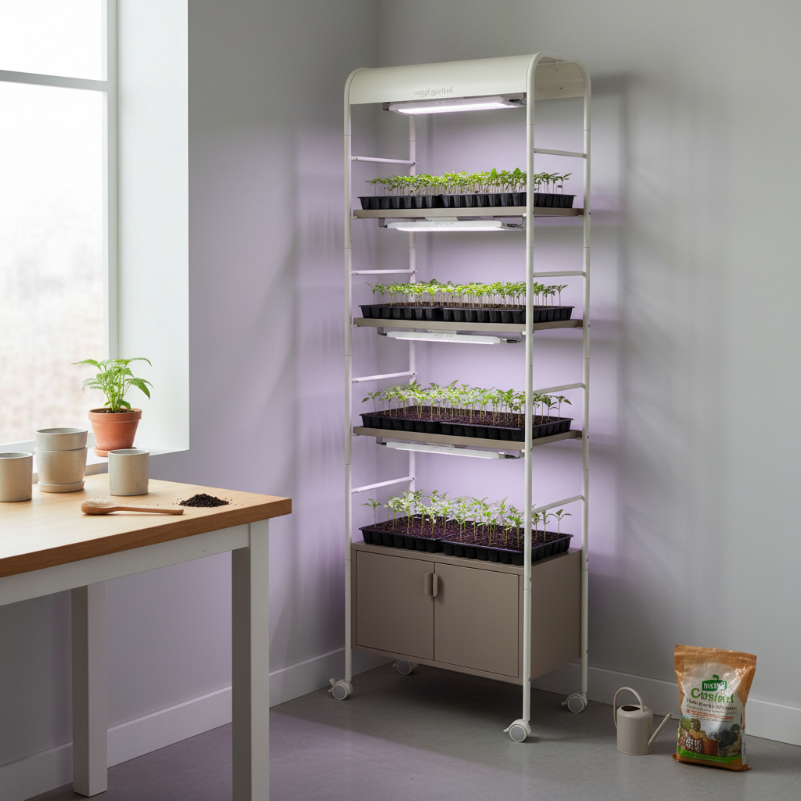 4 Tier Grow Light Garden with Storage with trays of pepper seedlings on each tier inside a home setting.