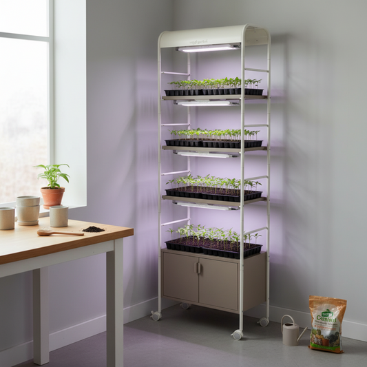 4 Tier Grow Light Garden with Storage with trays of pepper seedlings on each tier inside a home setting.