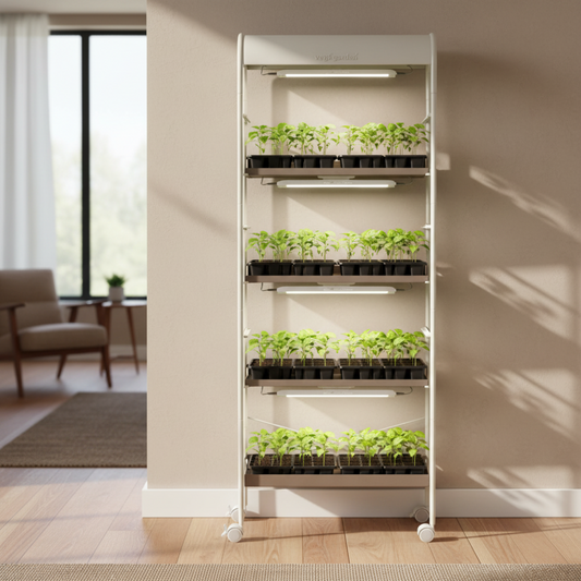 4 Tier Grow Light Garden with trays of pepper seedlings on each tier inside a home setting.