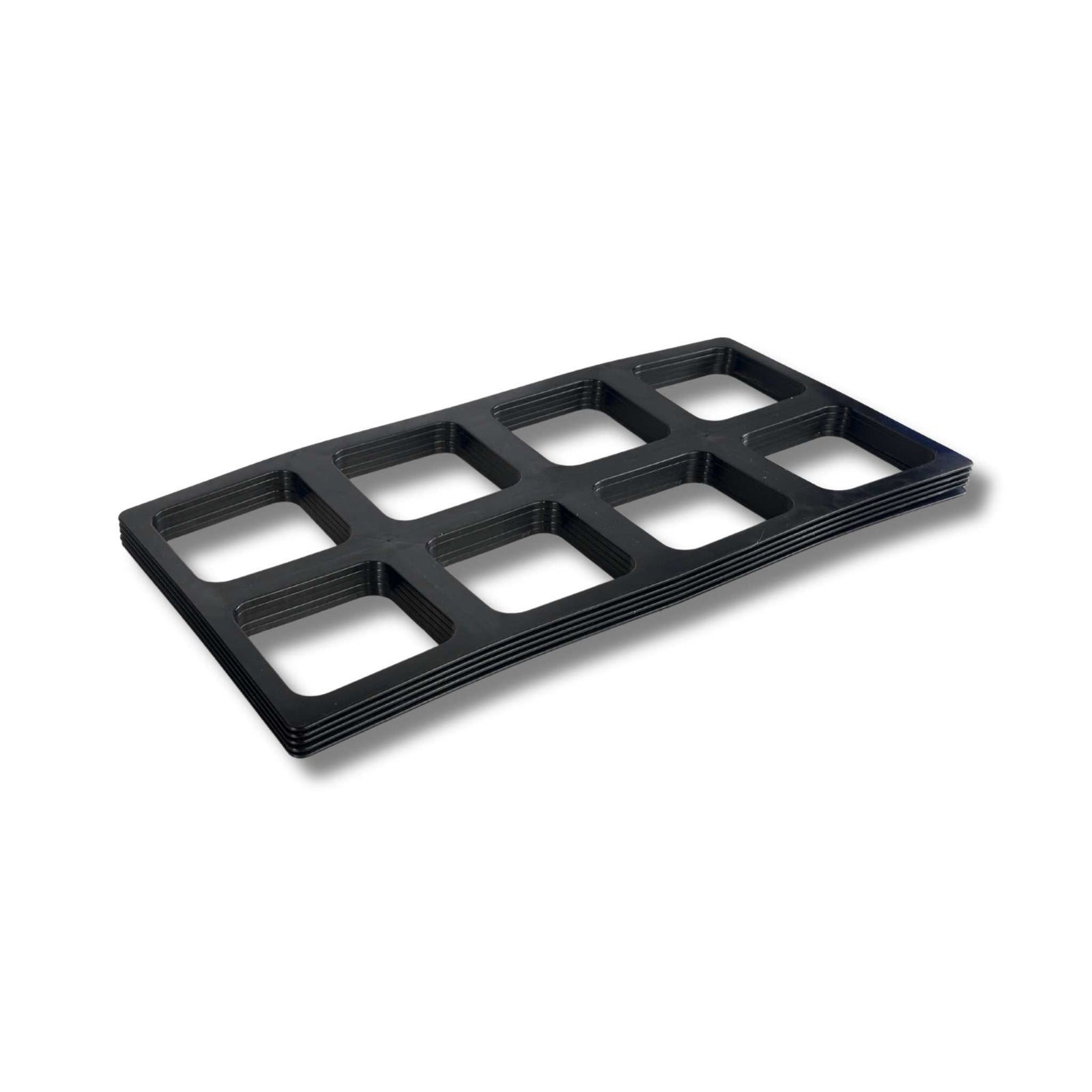 stack of five insert trays to hold 5 inch seedling pots on white background