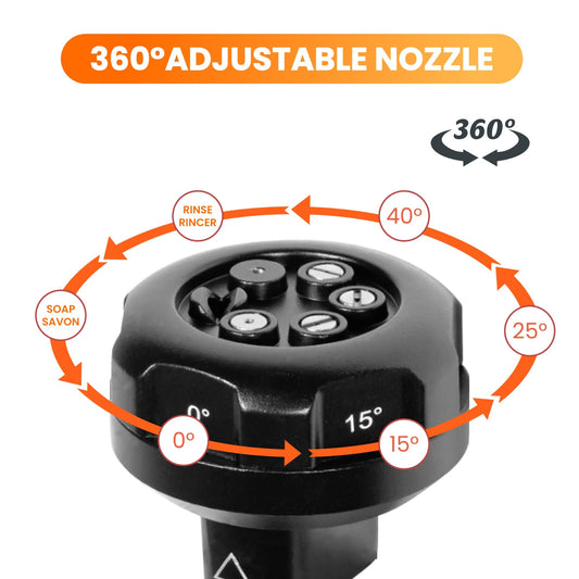 360-degree adjustable nozzle pressure washer with labeled angles on a white background