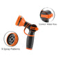 Black and orange 9 pattern adjusttable garden hose nozzle with 9 spray patterns and water flow control features on a white background.