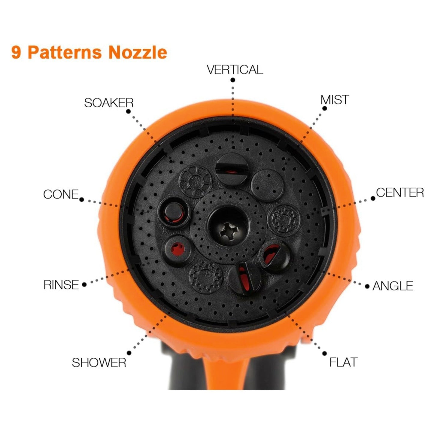 Orange and black 9 pattern adjustable garden hose nozzle with labeled 9 spray patterns on a white background including: vertical, mist, center, angle, flat, shower, rinse, cone, and soaker.